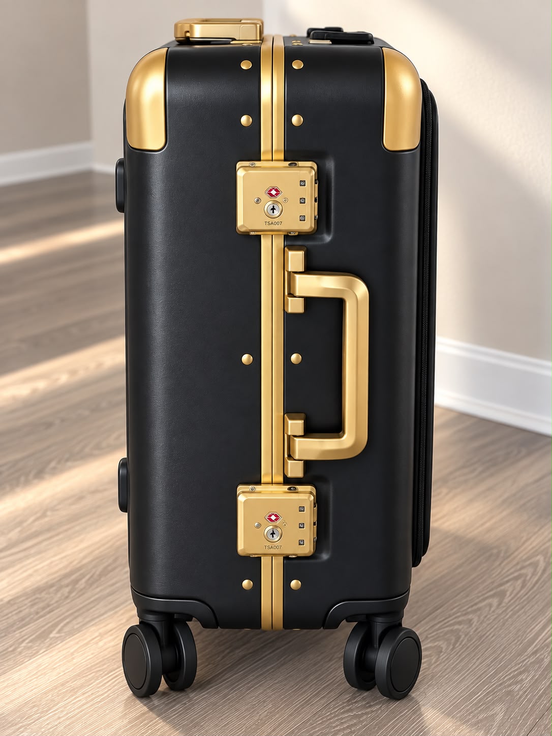 AVALI Founding Edition checked smart luggage, side profile showing telescoping handle