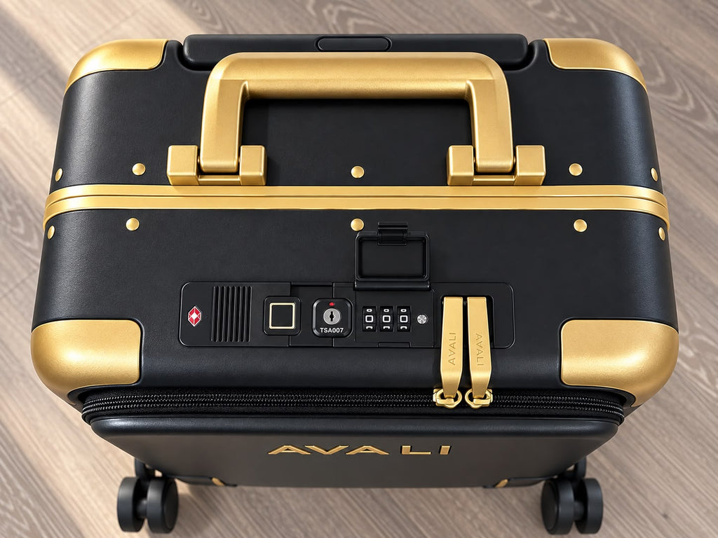 AVALI Founding Edition checked smart luggage, live weight display detail