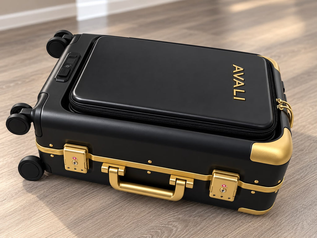 AVALI Founding Edition checked smart luggage, fingerprint lock detail